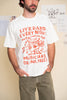 Man wearing a white t-shirt with red graphic and text that read "live band every night musicians drink free" standing against a cream background.