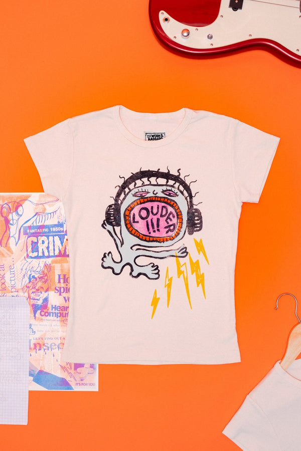 White t-shirt with graphic design that says "louder!" on an orange background