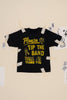 Black t-shirt with yellow text that says "please tip the band thank you" on a beige background