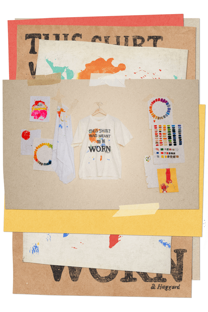 Collage of t-shirt designs on a cardboard surface with text and color swatches.